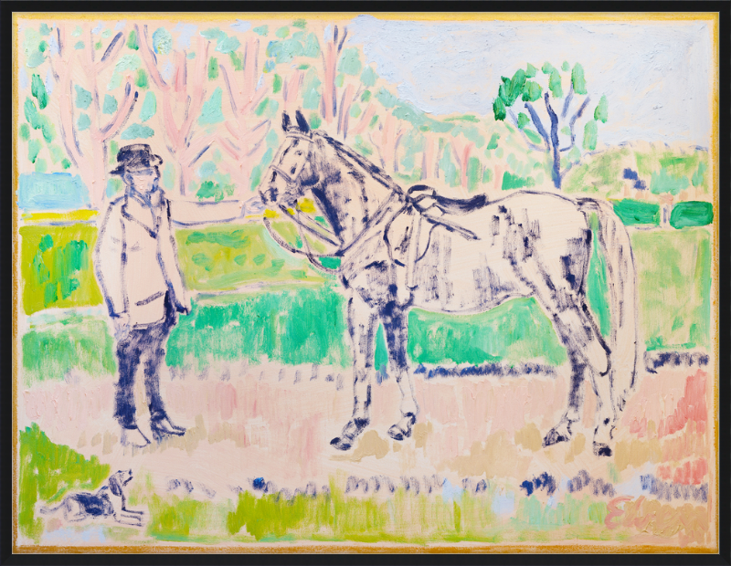 Framed Print // Horse with Beagle and Man in Hat