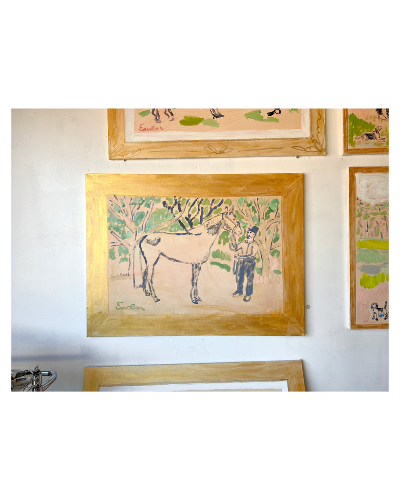 Oil Painting // Horse Painting with Man in Hat (Wide Gold Frame)