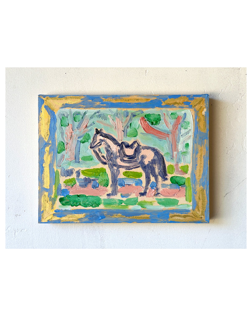 Oil Painting // Tiny Horse with Blue and Gold Frame