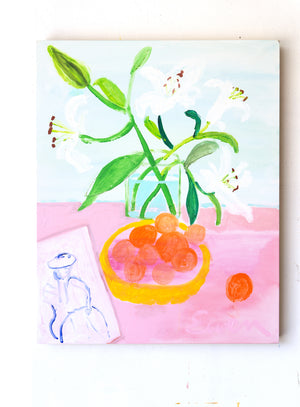 Original Painting // Still Life with Lilies, Oranges, and Sketch