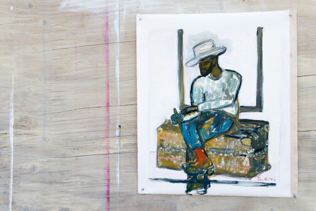 Painting // Handsome Man In Hat (Sitting On Trunk)