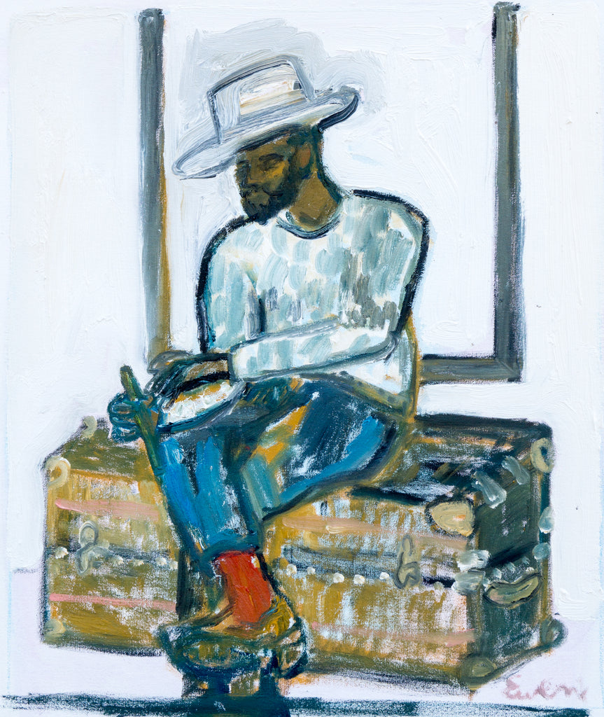 Painting // Handsome Man In Hat (Sitting On Trunk) Anne-Louise